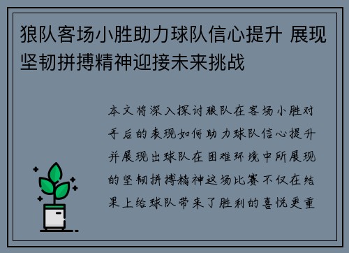 狼队客场小胜助力球队信心提升 展现坚韧拼搏精神迎接未来挑战