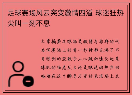 足球赛场风云突变激情四溢 球迷狂热尖叫一刻不息