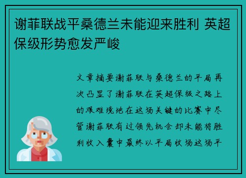 谢菲联战平桑德兰未能迎来胜利 英超保级形势愈发严峻