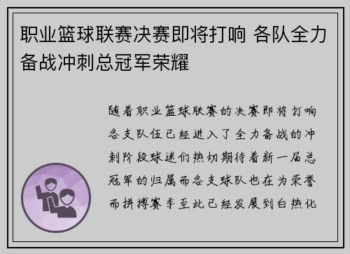 职业篮球联赛决赛即将打响 各队全力备战冲刺总冠军荣耀
