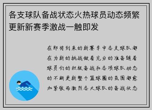 各支球队备战状态火热球员动态频繁更新新赛季激战一触即发