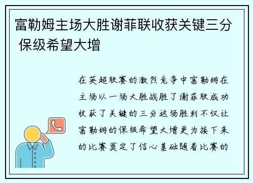 富勒姆主场大胜谢菲联收获关键三分 保级希望大增